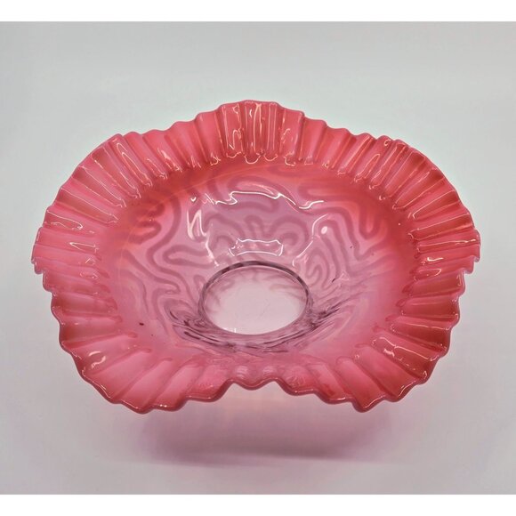 Vintage Fenton Cranberry Opalescent Glass Bowl With Ruffled Edge & Swirl Pattern - Picture 2 of 9